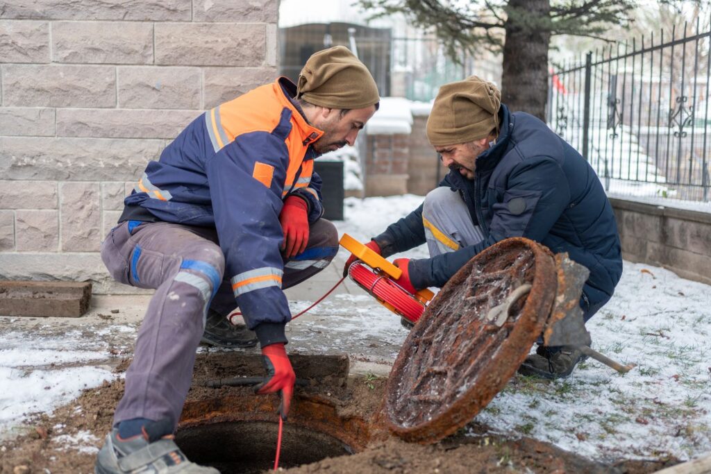 Two men doing a CCTV drain inspection during winter