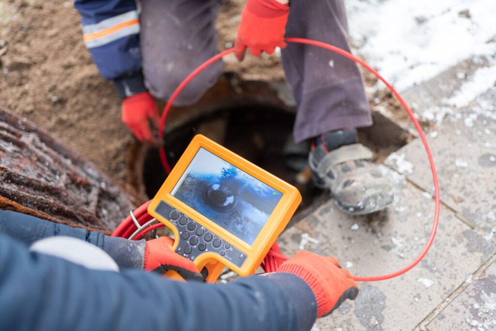 Two workers doing a CCTV drain inspection