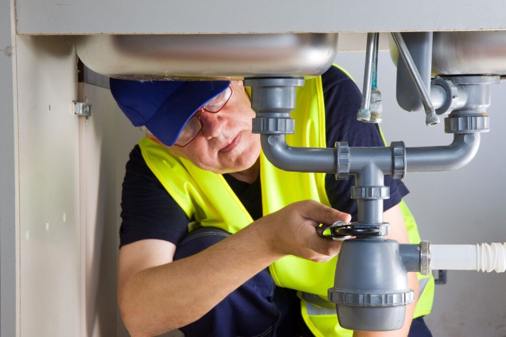 Plumber fixing sink drain pipe with a wrench