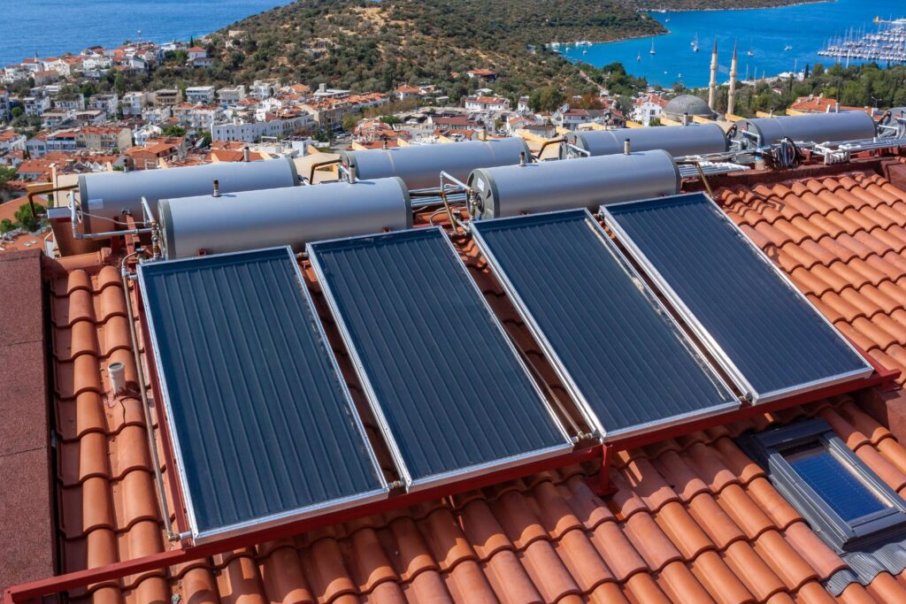 Solar water heating system on a clay roof