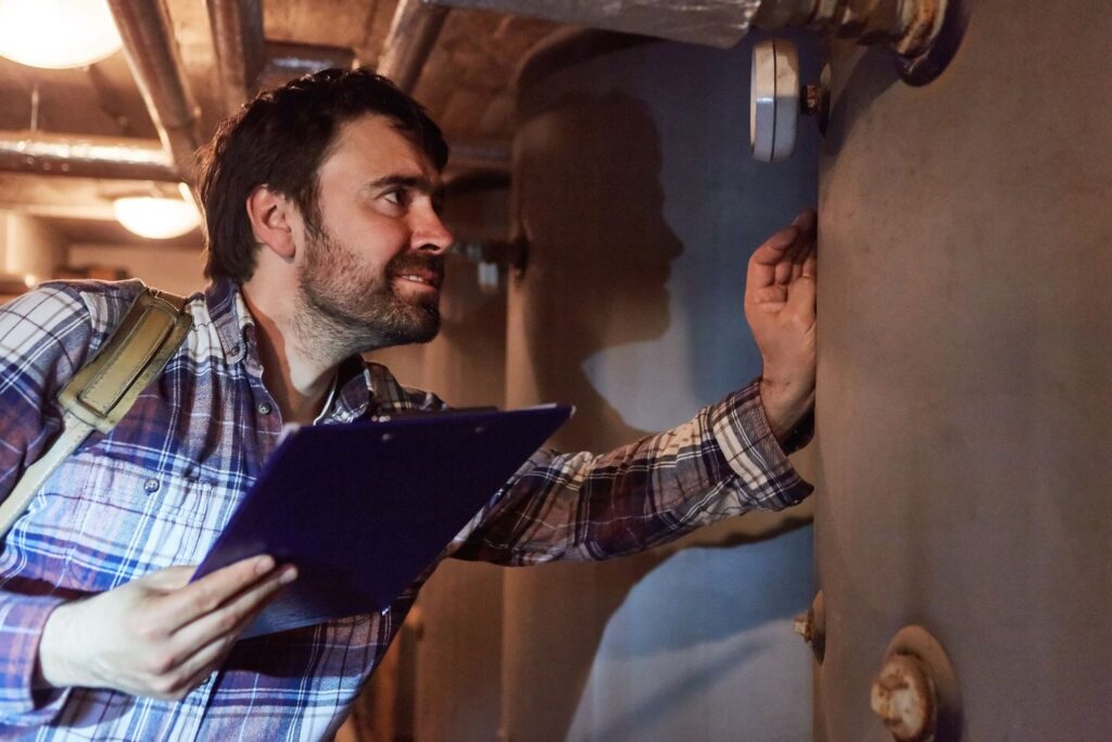 Man holding a checklist holder while checking on gas pipes