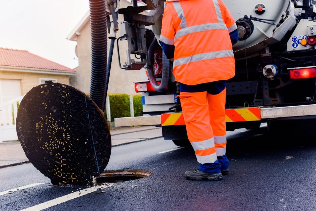 Worker assisting on a sewer jetting truck